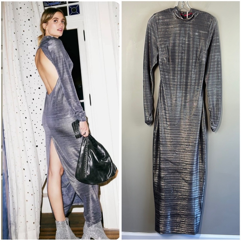 NWOT Free People Mila Metallic Silver Maxi Dress Size L